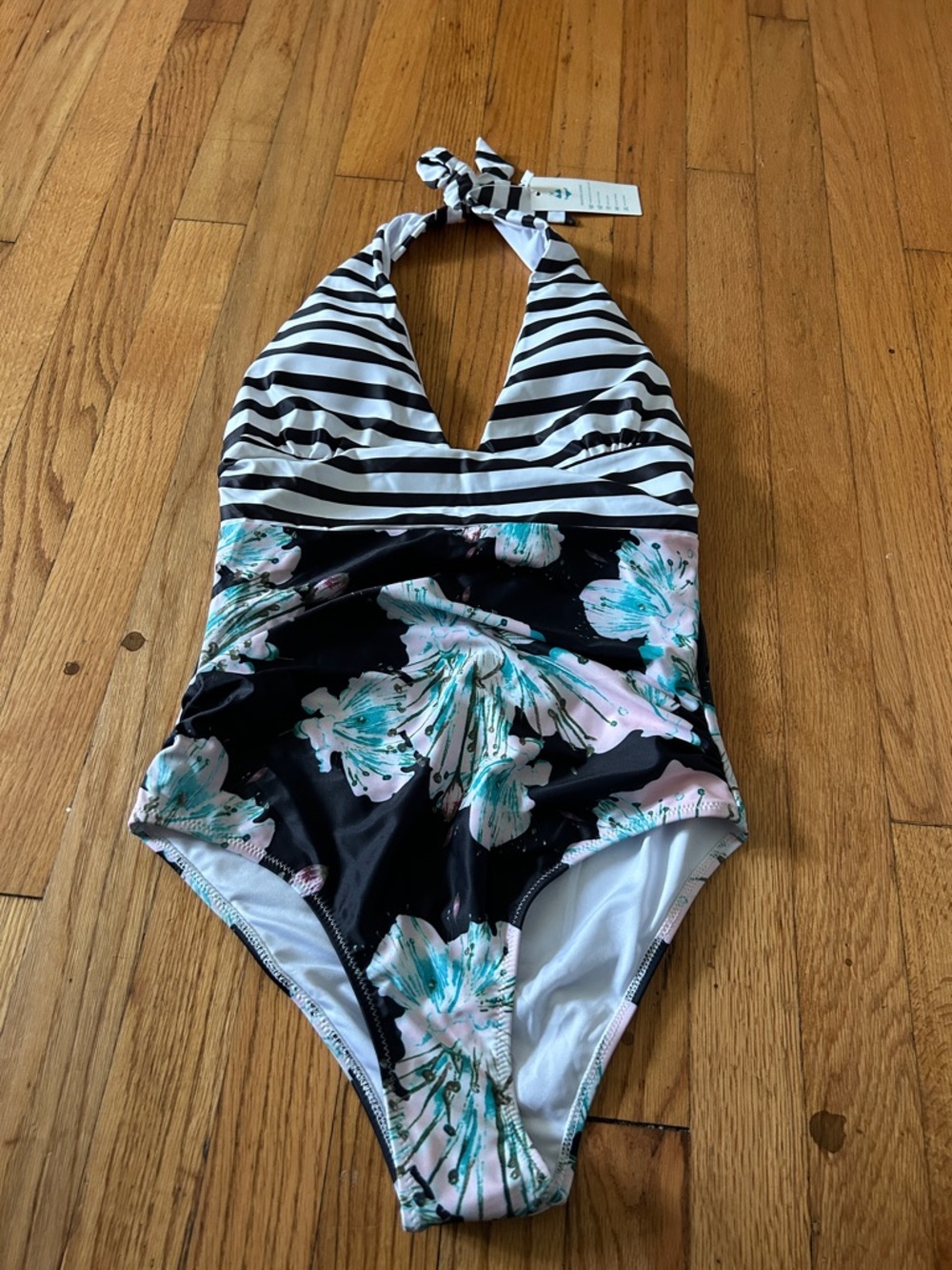 Striped Halter One-Piece Swimsuit with Floral Skirt